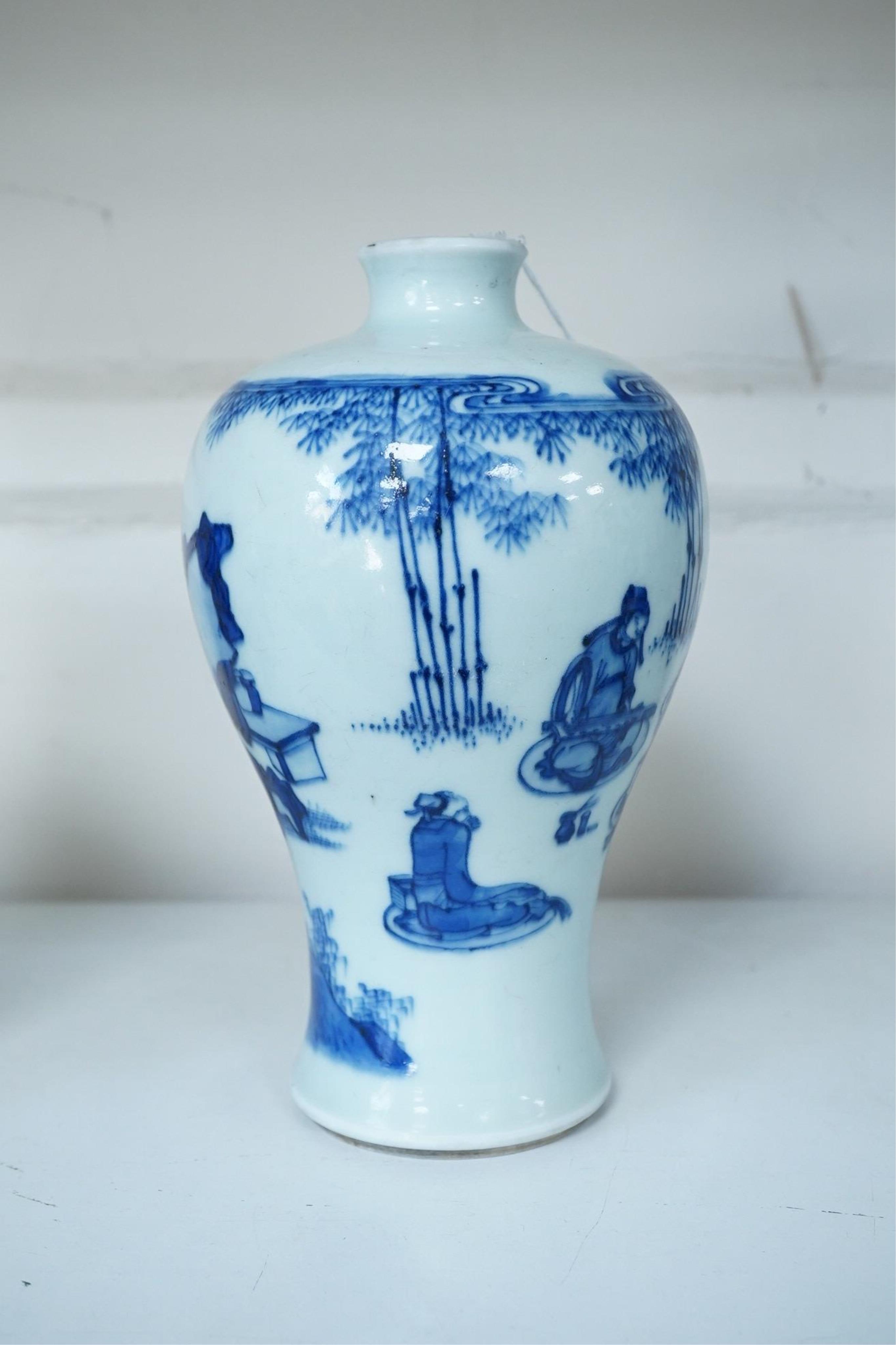 A Chinese inscribed blue and white ‘seven sages of the bamboo grove’ meiping, Kangxi period (1662-1722)